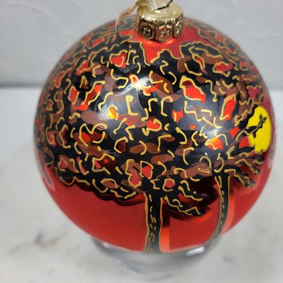 Vtg Poland Halloween Tree Ornament Orange Black Hand Painted Moon Trees Signed - Picture 4 of 16